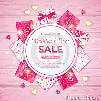 Valentine`s Day Sale flyer template. Poster, card, label, background, banner on circle frame with gifts boxes, garland, heart Vector Illustration