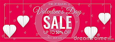 Valentine`s Day Sale Header or Banner Design with 50% Discount Offer and White Paper Cut Hearts Decorated Stock Photo