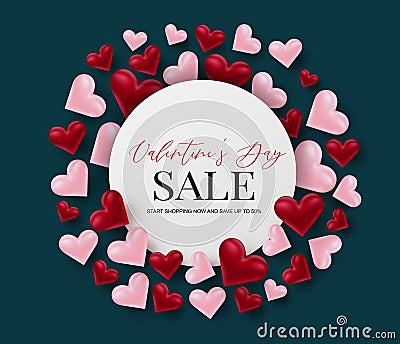 Valentine`s day sale. Love 3d hearts in circle design concept banner template background. Vector Illustration