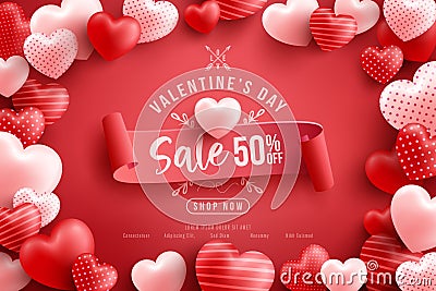 Valentine`s Day Sale 50% off Poster or banner with many sweet hearts and on red background.Promotion and shopping template or Vector Illustration