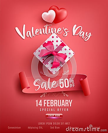 Valentine`s Day Sale Poster or banner with sweet gift,sweet heart and lovely items on red background.Promotion and shopping Vector Illustration