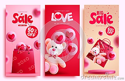 Valentine`s day sale set vector poster design. Valentine`s seasonal promo discount offer collection Vector Illustration