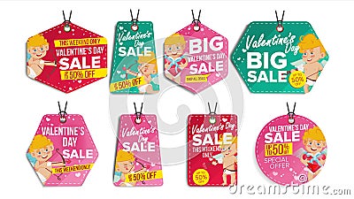 Valentine s Day Theme Sale Tags Vector. Flat Paper Hanging Love Stickers. Cupid. February 14 Discount Hanging Banners Vector Illustration