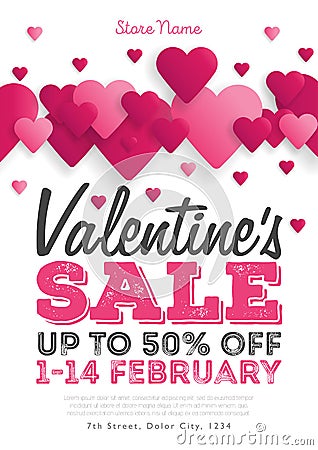 Valentine`s Day Sale Vintage flyer. Background With Hearts. Vector illustration Vector Illustration