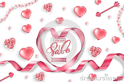 Valentine`s Day sale web banner. Top view on composition with pink glittering hearts, pink pearls, heart pink ribbon Vector Illustration