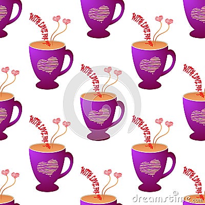 Valentine`s day seamless pattern with cup of tea Vector Illustration