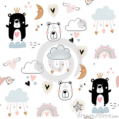 Valentine`s Day seamless pattern with cute bears, hearts, clouds and rainbows, kids background, wallpaper, gift paper Vector Illustration