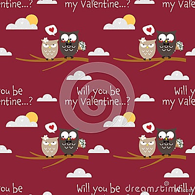 Valentine`s Day seamless pattern of cute couple owls on tree branch on blue sky with cute cloud background. Vector Illustration