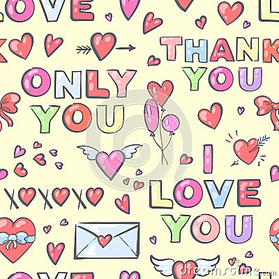 Valentine`s Day seamless pattern with different hearts and inscriptions Vector Illustration