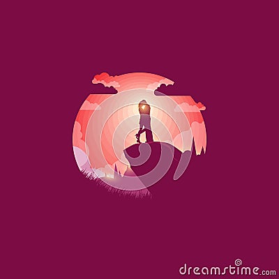 Valentine`s Day second in love at dawn. Lovers on the hill. - Vector Cartoon Illustration