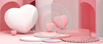 Valentine`s Day sells banners and product platforms with big heart balloon for romantic love elements on red door background Stock Photo