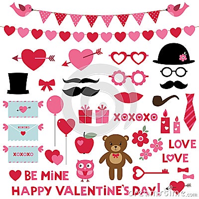 Valentine`s day set photo booth props and design elements Vector Illustration