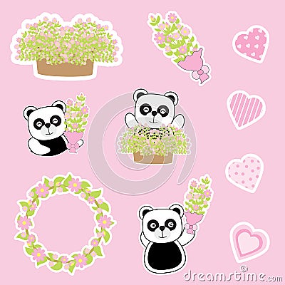 Valentine`s Day sticker set with cute panda, flowers, and love shape Stock Photo