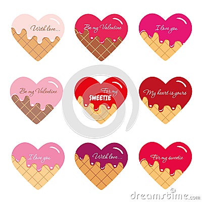 Valentine s day stickers. Cartoon hearts with sample text. Bright and pastel colors. Vector Illustration