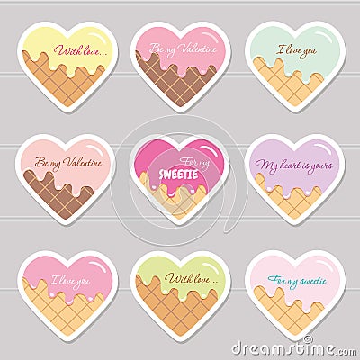 Valentine s day stickers. Cartoon hearts with sample text. Vector Illustration