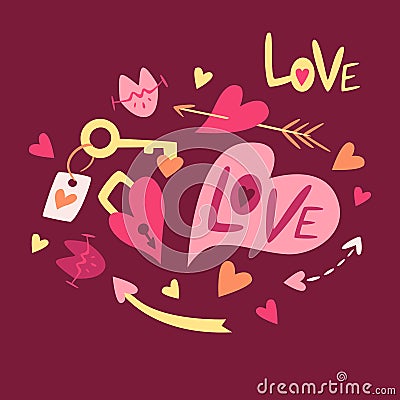 Valentine`s day stickers. Decor and symbols for Valentine`s Day. Icon set. Heart key, Cupid`s arrows, kisses, love Vector Illustration