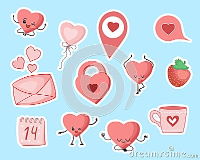 Valentine`s Day stickers. Heart, castle, cup, cloud, love Vector Illustration