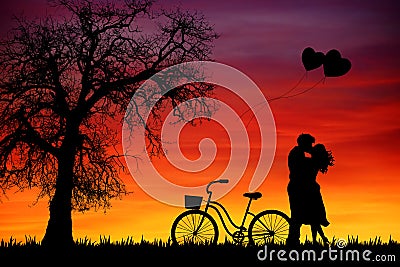 Valentine`s Day sunset background with couple and tree Stock Photo