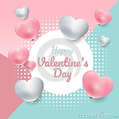 Valentine`s day sweet color background with 3d hearts circle frame Stock Photo