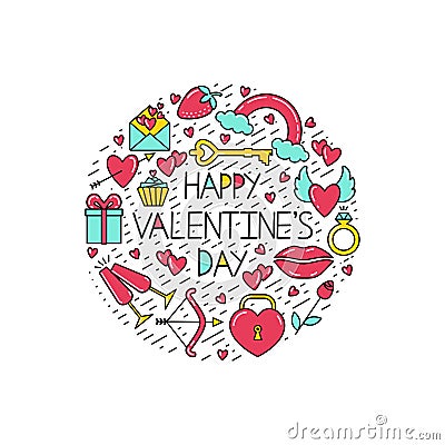 Valentine`s Day symbols in a circle for a postcard. Vector Illustration