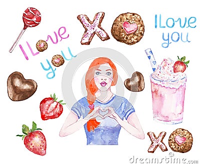 Valentine`s Day treats ans sweets Set with girl- hand painted watercolor illustration Cartoon Illustration