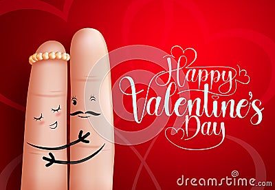 Valentine`s day vector background design. Happy valentine`s day greeting text with in love finger couple lovers hugging. Vector Illustration