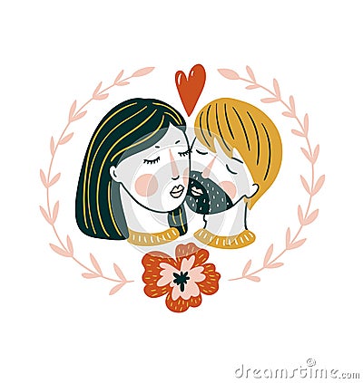 Valentine`S Day vector card. Lovely girl and boy kiss in scandinavian style. Love print for t-shirt. Vector Illustration