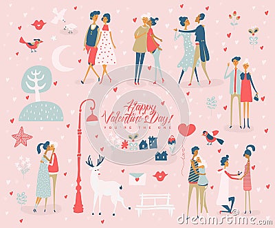 Happy Valentines Day. Valentines day greeting card in vintage style with cute couples Vector Illustration