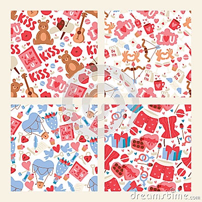 Valentine s day vector illustration. Seamless pattern with hearts, bear toys, flowers, birds, arrows, greeting cards Vector Illustration