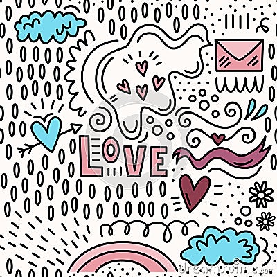 Valentine`s day. Vector seamless pattern in Doodle style. Letter, hearts Stock Photo