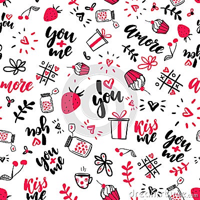 Valentine s Day vector seamless pattern. Isolated Artistic doodle drawings, lettering, love quotes. Vector Illustration