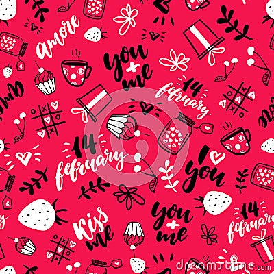 Valentine s Day vector seamless pattern. Isolated Artistic doodle drawings, lettering, love quotes. Vector Illustration