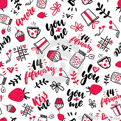 Valentine s Day vector seamless pattern. Isolated Artistic doodle drawings, lettering, love quotes. Vector Illustration