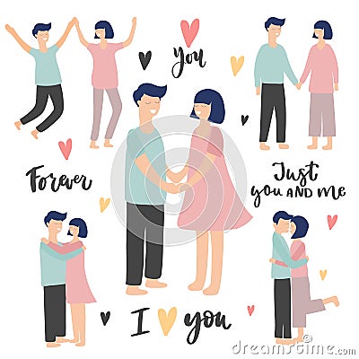 Valentine`s day and wedding set with couples and text. Cartoon Illustration