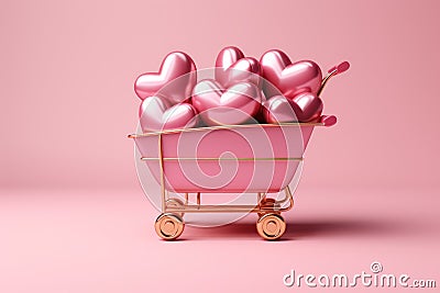 Valentine's day, wheelbarrow or basket with pink hearts. Generative AI Stock Photo