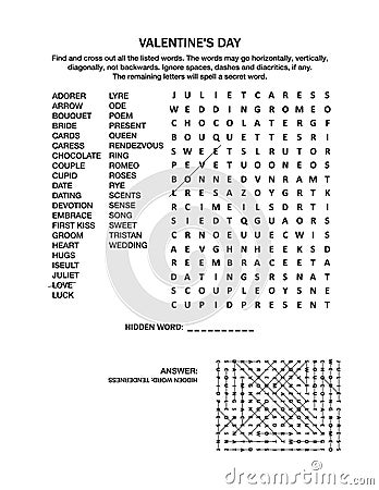 Valentine`s Day word search puzzle Vector Illustration