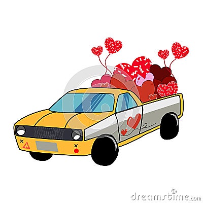 Valentine`s Day. Yellow pickup truck with hearts. Postcard design. t-shirt composition, Banner for website. Vector illustration. Vector Illustration