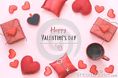 Valentine`s greeting card. Red hearts, gift boxes, cup of coffee with cheers on pink. Top view Stock Photo