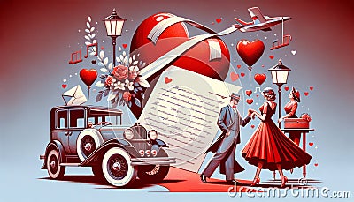 Valentine& x27;s greetings card in retro style with lovers couple. Vintage style. Valentine& x27;s day Stock Photo