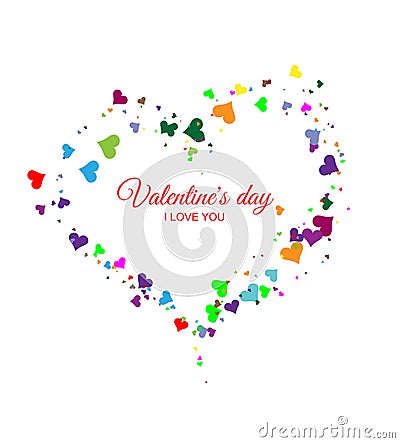 Valentine`s heart of multicolored hearts on a white background. Falling heart Vector Illustration