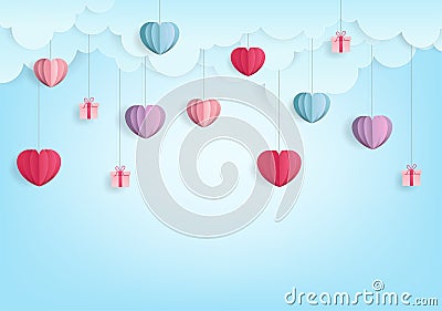 Valentine`s Hearts balloon paper cut style Vector Illustration