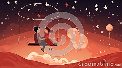 Valentine's illustrations with a couple admiring the stars at night Cartoon Illustration