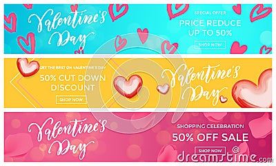 Valentine sale banners design template red heart pattern on floral background. Vector Valentines day fashion shopping season disco Vector Illustration