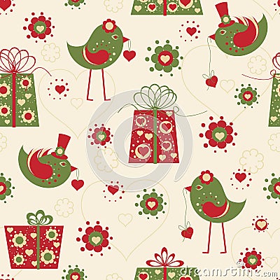 Valentine seamless background with birds Vector Illustration