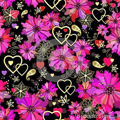 Valentine seamless dark floral pattern Vector Illustration