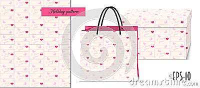 Valentine seamless geometric pattern with hearts and packing Vector Illustration
