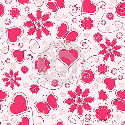 Valentine seamless pattern with hearts and flower Vector Illustration