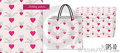 Valentine seamless pattern with hearts and packing mocup Vector Illustration