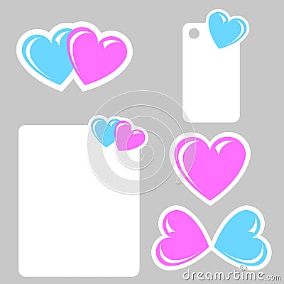Valentine stickers with blue and pink heart Vector Illustration