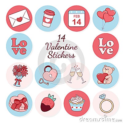 14 Valentine Stickers Vector Collection Vector Illustration